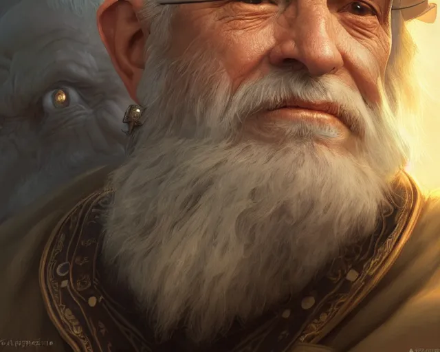 Image similar to highly detailed photorealistic old man, deep focus, d & d, fantasy, intricate, elegant, highly detailed, digital painting, artstation, concept art, matte, sharp focus, illustration, hearthstone, art by artgerm and greg rutkowski and alphonse mucha