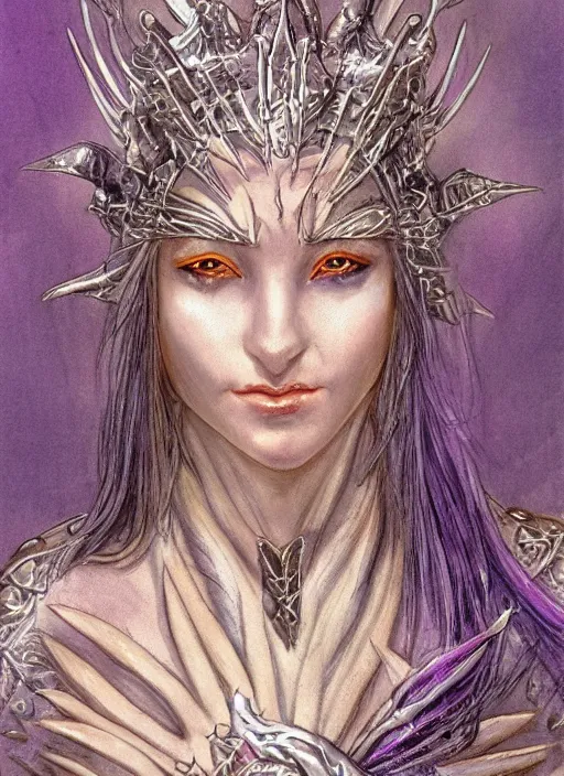 Image similar to portrait of young female prophetess of the endtimes, transluscent skin, silver filigreed armor, lavender hair, beautiful! coherent! dungeons and dragons character, by brian froud, strong line, cool night color, high contrast