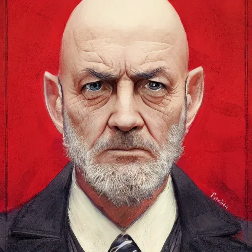 Image similar to close-up, symmetrical, portrait of an old man, hairstyle bald, wearing a suit, marvel art, art by greg rutkowski, matte painting, trending on artstation