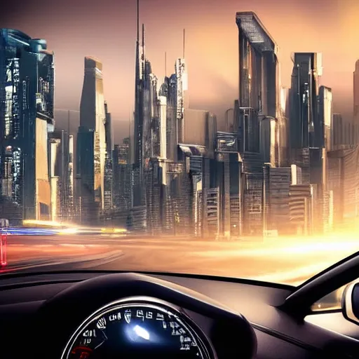 Image similar to The car is driving, with a gorgeous city in the background, cyberpunk, lots of detail