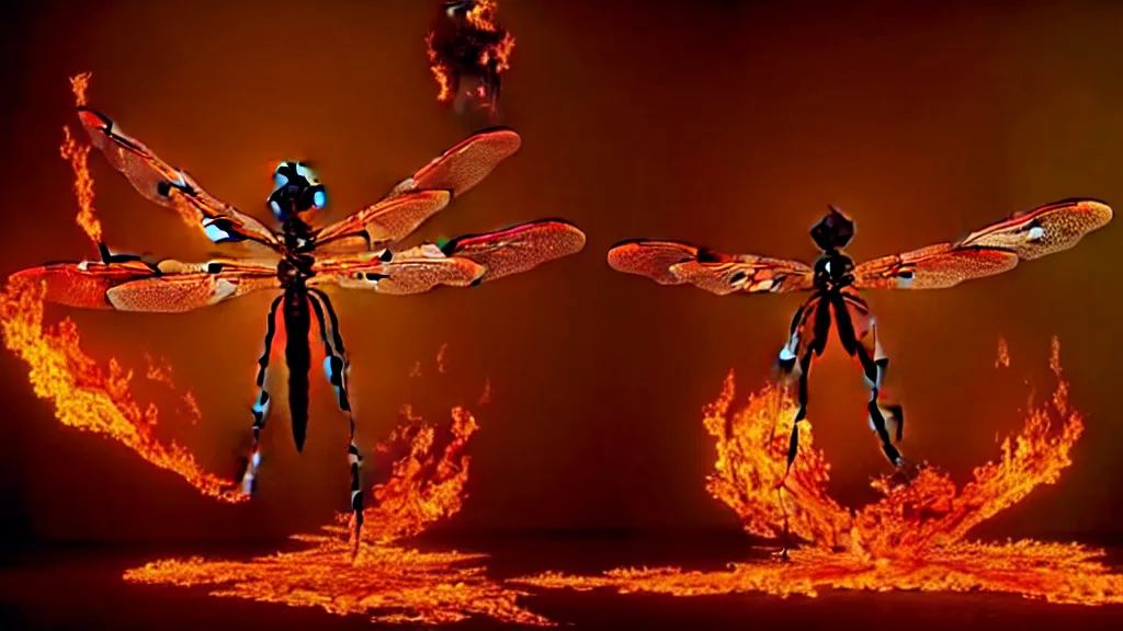 Image similar to a giant dragonfly, made of blood and fire, floats through the living room, film still from the movie directed by Denis Villeneuve with art direction by Salvador Dalí, wide lens