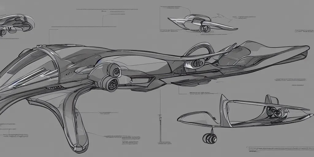 Image similar to highly detailed schematic, technical drawing, side view, sci-fi hover racer designs, pod racer designs