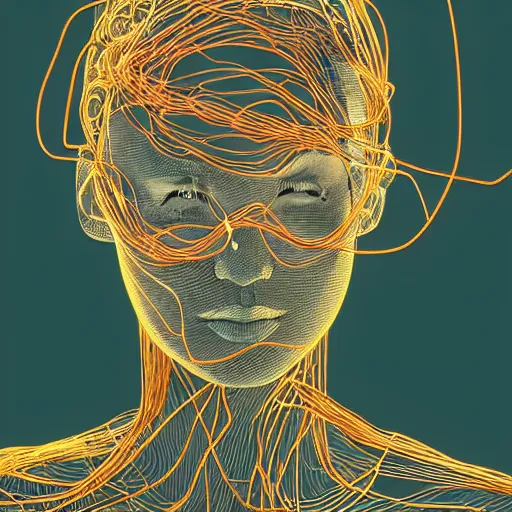 Image similar to a beautiful head of a pilot woman partially made of wires and circuits, an ultrafine detailed illustration by james jean, final fantasy, intricate linework, bright colors, behance contest winner, vanitas, angular, altermodern, unreal engine 5 highly rendered, global illumination, radiant light, detailed and intricate environment