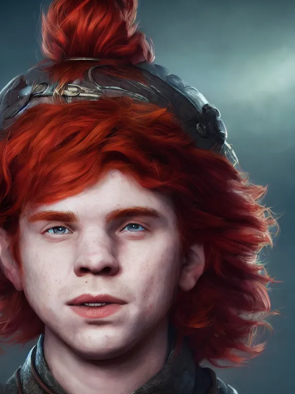 Image similar to portrait art of red - haired halfling bard 2 1 year old man!! freckles!!, 8 k ultra realistic, atmosphere, glow, detailed, intricate, full of colour, cinematic lighting, trending on artstation, 4 k, hyperrealistic, focused, extreme details, unreal engine 5, cinematic, masterpiece