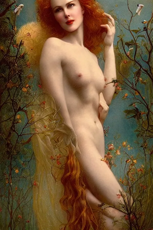 Image similar to An extremely beautiful young nicole kidman from the early 90s explaining the birds and the bees by Tom Bagshaw in the style of a modern Gaston Bussière, art nouveau, art deco, surrealism. Extremely lush detail. Melancholic scene. Perfect composition and lighting. Profoundly surreal. High-contrast lush surrealistic photorealism. Sultry and mischievous expression on her face.