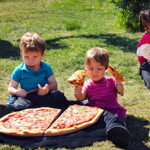 Prompt: gabriel and dresden eating pizza, outside park, sunny day, kids playing