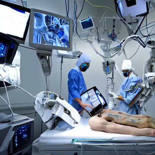 Prompt: long shot portrait of a human flat on back during robotic surgery, artificially embellished with computer circuitry, wires, and devices, small displays with vital readings and graphs crowd the operating room, semi - opaque skin, piercing glare in the eyes, confused, dark bokeh in background, light from top right, diverse textures