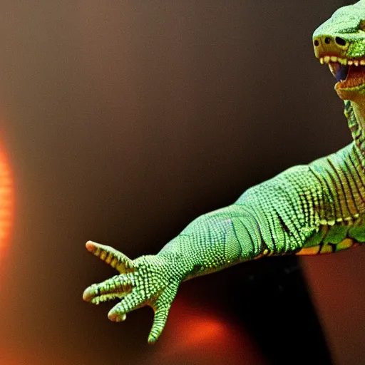 Image similar to hyperrealistic!! reptilian Singer live at X-Factor, High resolution, 8K