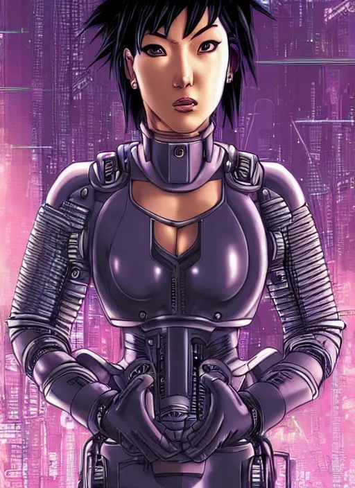 Image similar to motoko kusanagi in grungy cyberpunk megacity, intricate and finely detailed, cyberpunk vaporwave, portrait by j scott campbell