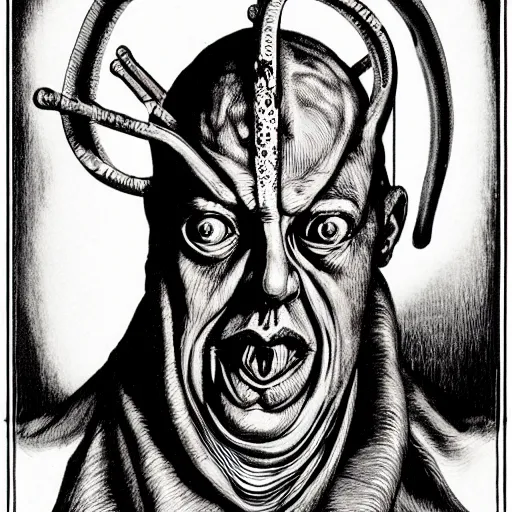 Image similar to graphic illustration, creative design, aleister crowley, biopunk, francis bacon, highly detailed, hunter s thompson, occult, magical, concept art