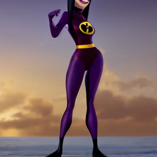 Prompt: realistic photo of Violet Parr from The Incredibles in a two-piece dress at the beach