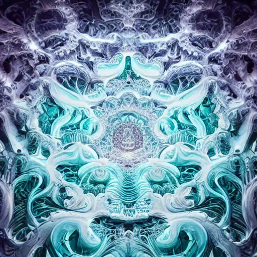 Image similar to a beautiful 3 d painting of a sprawling intricate mandelbrot fractal cathedral populated by julia fractals by android jones, carved soap, white color scheme, volumetric lighting, dynamic lighting, dramatic lighting, high contrast, depth of field, carved marble, opalescent, sacred geometry, religious, angelic, catholicpunk, stark, trending on artstation