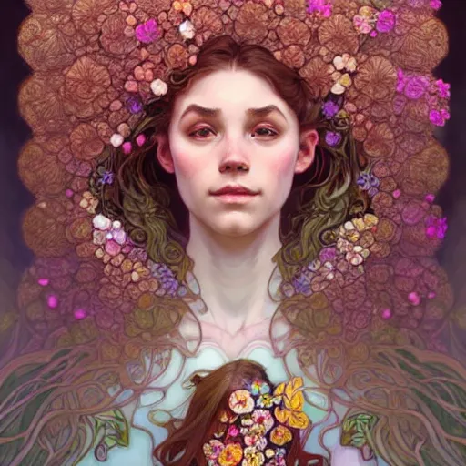 Image similar to Portrait of a girl surrounded by flowers and morphing into mushrooms, face, fantasy, intricate, elegant, highly detailed, digital painting, artstation, concept art, smooth, sharp focus, illustration, art by Fernanda Suarez and Artem Demura and alphonse mucha