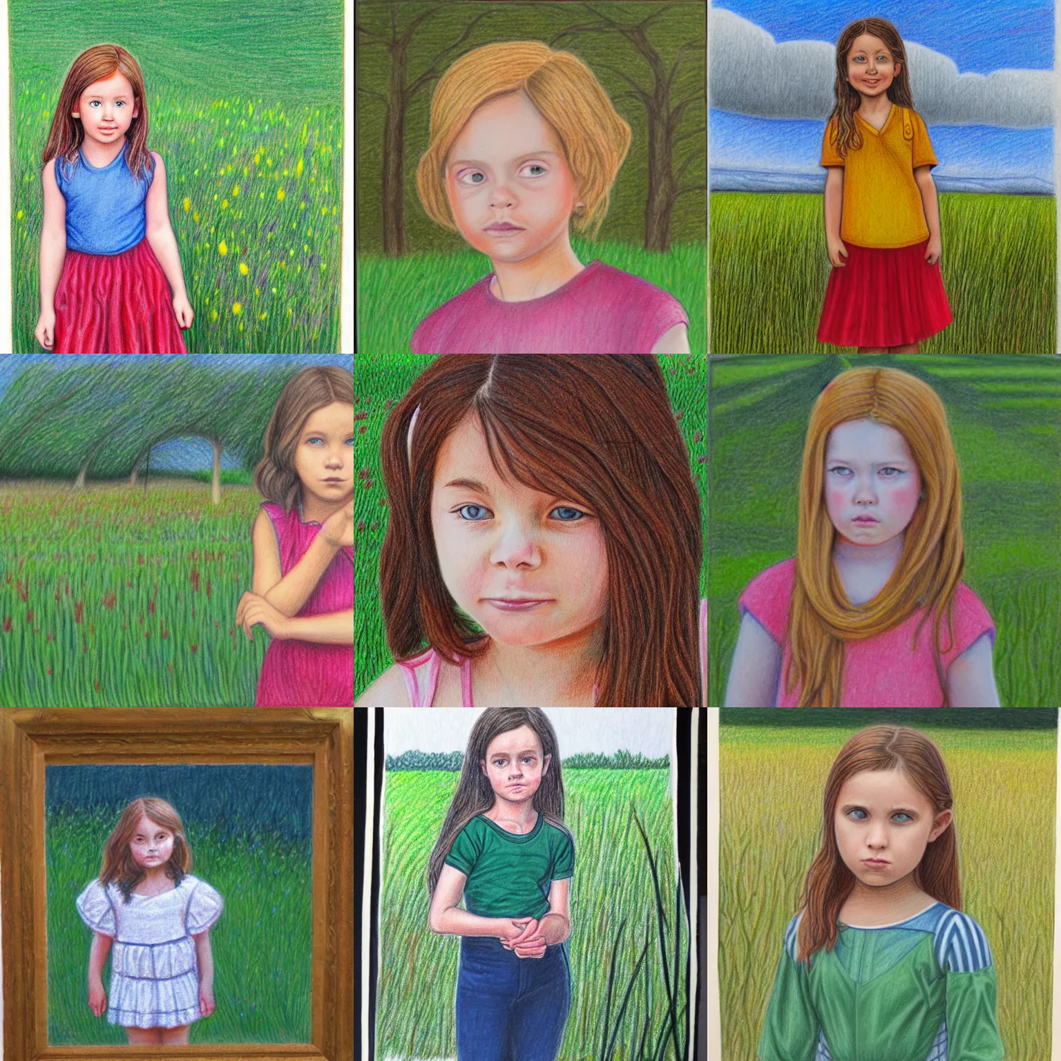 Prompt: portrait colored pencil drawing of curious girl standing in field looking at camera.