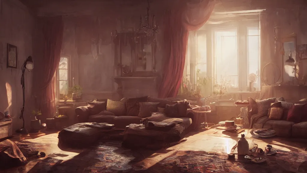 Image similar to a photorealistic hype realistic render of an interior of a beautifully decorated cozy living room by pixar, greg rutkowski, wlop, artgerm, dramatic moody sunset lighting, long shadows, volumetric, cinematic atmosphere, octane render, artstation, 8 k