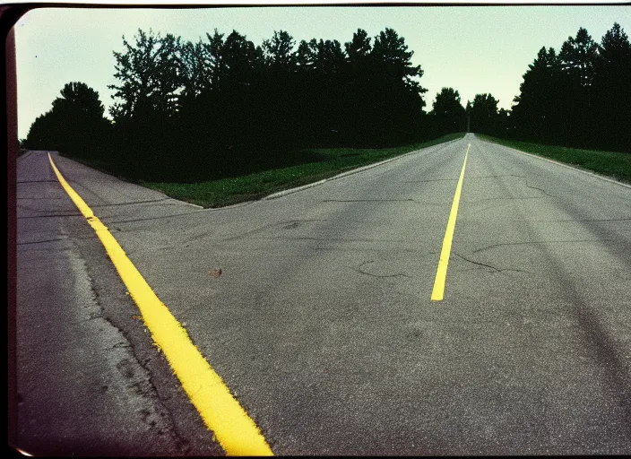 Image similar to A disposable camera picture of an empty street in a small rural American suburb, Kodak Fling 200, 1983