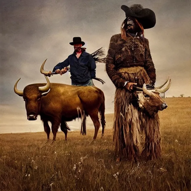 Image similar to incredible modern evocative sentimental artwork of buffalo hunters, buffalo emotion midnight in the style of tim walker fashion photography, buffalos hunting hunters, larger than life