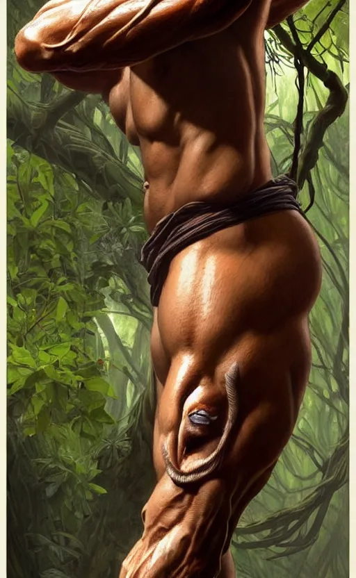 Image similar to god of the forest, 40 years old, rugged, male, gorgeous, detailed face, anatomically correct hands!!!!!!, amazing, thighs!!!!!!, muscular, intricate, highly detailed, digital painting, artstation, concept art, sharp focus, illustration, art by greg rutkowski and alphonse mucha