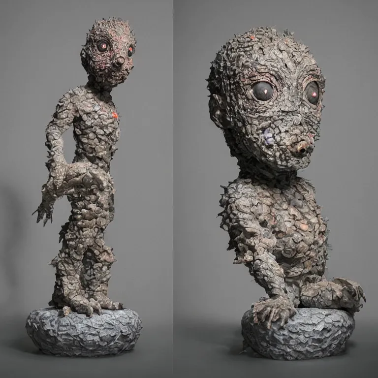 Image similar to hyperrealistic sculpture of a stone fossilized chibi ultraman kaiju dusted with opalescent spraypaint and ferns in a nylon grid cage on a pedestal by ron mueck and duane hanson and lee bontecou, hyperrealistic dramatic colored lighting trending on artstation 8 k