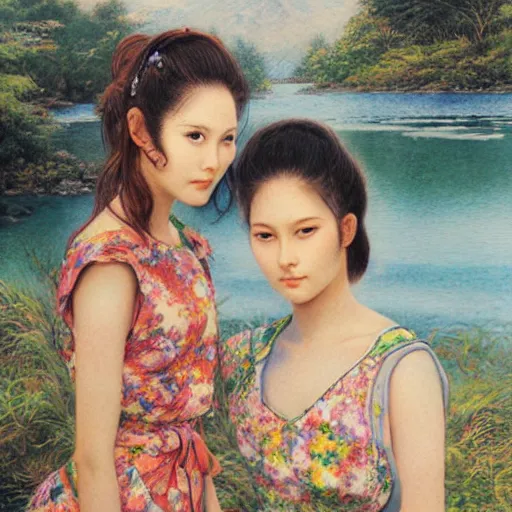 Prompt: a portrait of two beautiful 3 0 year old sisters in a scenic environment by noriyoshi ohrai