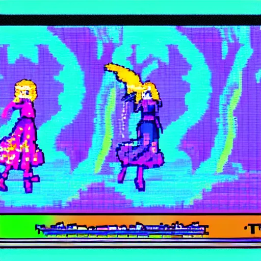 Image similar to CRT rainbowcore anime girl, saturation 100% full saturation, bitcrushed AI enhanced image, PS1 early computer graphics, maximalist maximalism video game UI