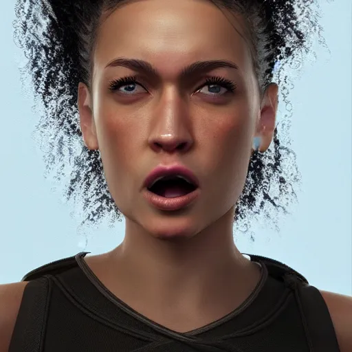 Image similar to hyperrealistic portrait of beautiful mixed race woman, angry, shouting, photo realistic, dynamic lighting, artstation, poster, volumetric lighting, very detailed face, 4 k, award winning