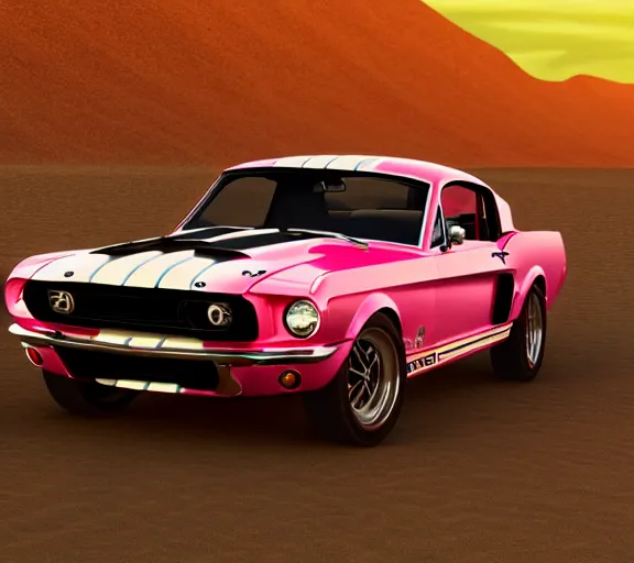 Image similar to shot of 1967 Ford mustang Shelby GT500 in pink color at sunset in front a beach, realistic reflections, 4k, HD Photography, unreal engine 5