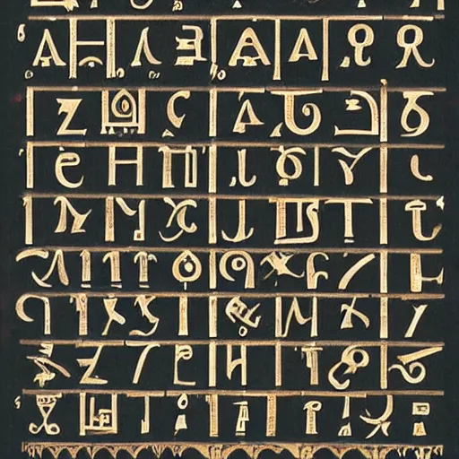 Prompt: a alphabet for a ancient language,