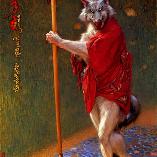 Prompt: a male ratwolfman rat wolf man in a red kimono furry arms furry body walking stick sewers. furaffinity furry art detailed face painting by gaston bussiere craig mullins jc leyendecker gustav klimt artgerm greg rutkowski furry