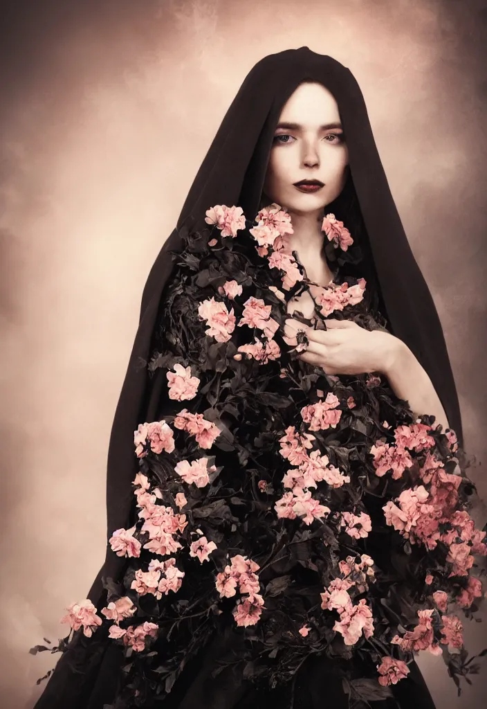 Image similar to a portrait of a beautiful woman wearing a black cloak with flowers and skulls in a romantic style, extremely realistic and highly detailed 8 k, sharp focus, octane render, dramatic volumetric lighting and extremely realistic faces