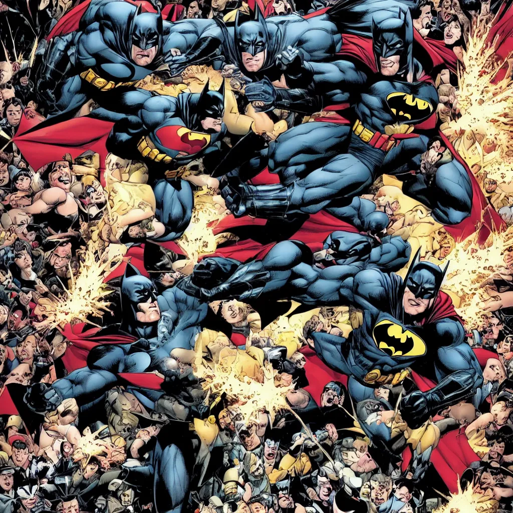 Image similar to batman defeating superman with a large croud watching