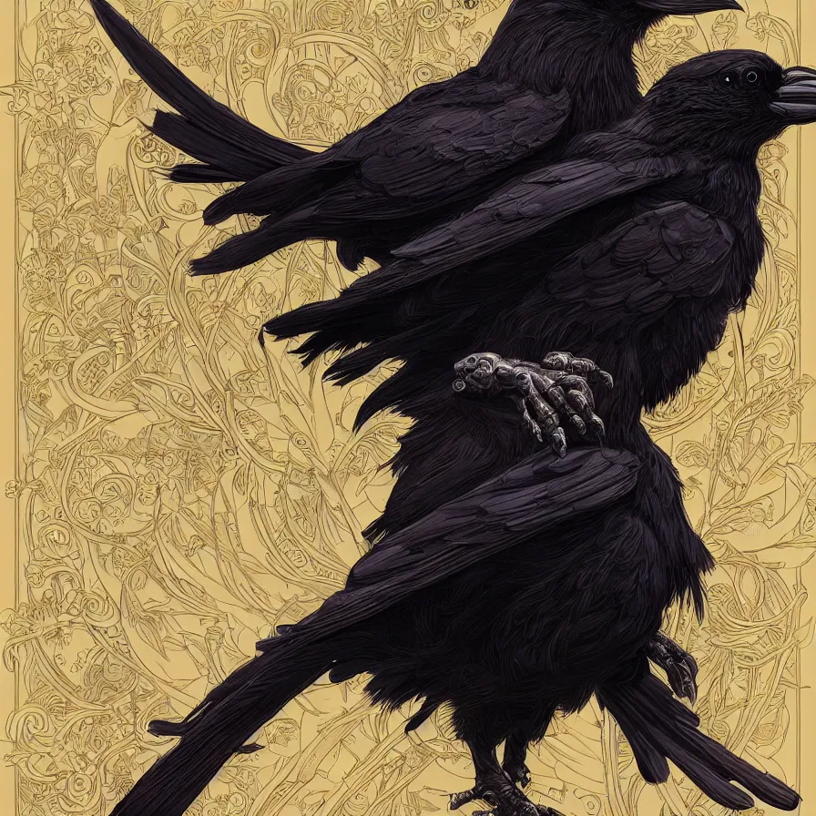 Image similar to beautiful black raven bird with ornate armor, cute, intricate, highly detailed, digital painting, trending on artstation, concept art, smooth, sharp focus, backlit, rim light, vivid colors, illustration, unreal engine 5, 8 k, art by rossdraws and alphonse mucha