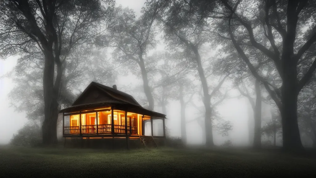 Image similar to a beautiful wooden house with a large tree nearby and street lights on, fog, volumetric lighting, mystique, atmospheric, sharp focus, ultra detailed, noir art house, 4 k, 3 5 mm