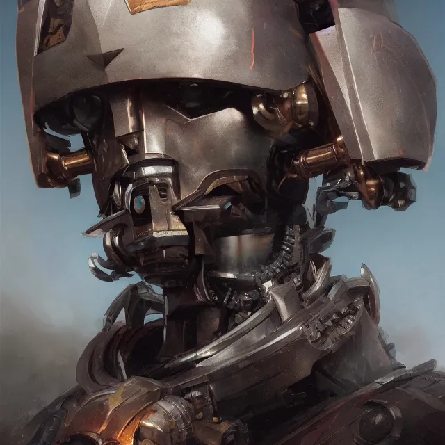 Image similar to hyper realistic portrait of warhammer robot cinematic, artstation, cgsociety, greg rutkowski, james gurney, mignola, craig mullins, brom