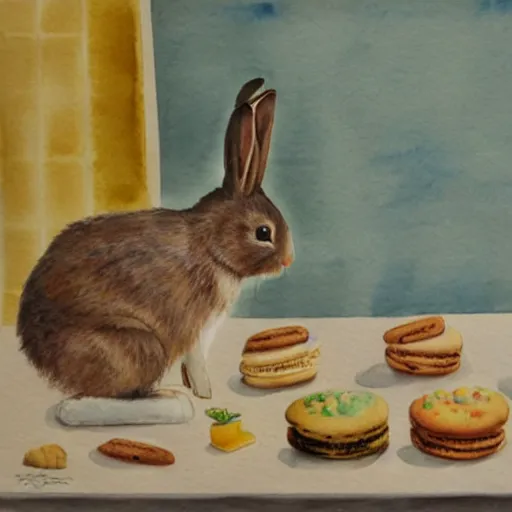 Image similar to a rabbit posing with cookies and macaroons in a kitchen, watercolour realism