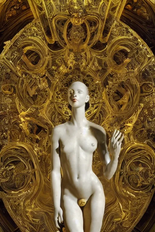 Image similar to marble sculpture depicting a woman programming the samsara holy cluster, hi tech, sci fi, dramatic light, concept art, stunning, visionary, mystical, hyper realistic, beautiful, wow, gilt metal, rich marbles, by gian lorenzo bernini, by brecht evens, by jean delville