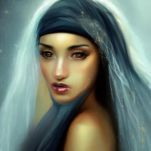 Image similar to beautiful Arab woman, white transparent veil black hair, bathing in a waterfall, ethereal, emotive, fine art, water mist, mystical, Romanticism, golden light digital painting, artstation, concept art