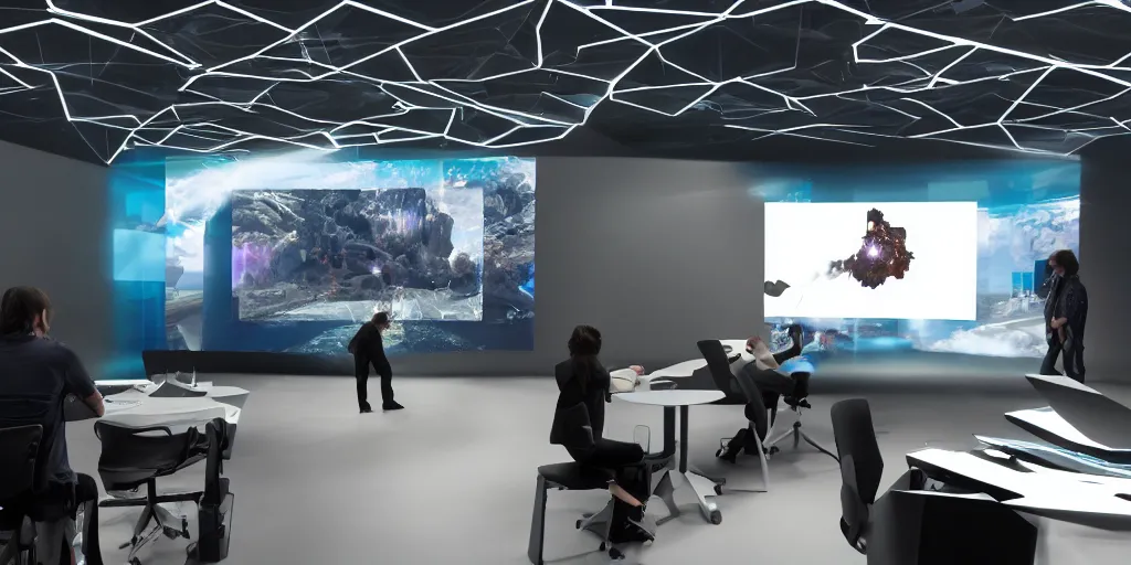 Prompt: stunning futuristic AI lab, projection screens, immersive graphics, holograms, dark room, people using HoloLens
