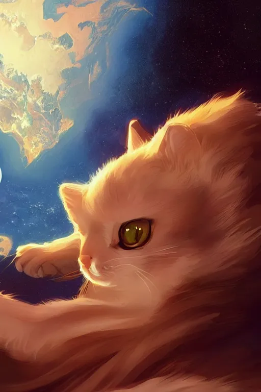 Image similar to Kawaii Cat on the moon with a view of the earth in the background, elegant, digital painting, highly detailed, artstation, concept art, smooth, sharp focus, illustration, art by artgerm and greg rutkowski.