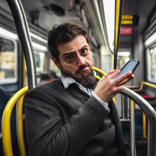 Prompt: the guy who talks on speakerphone on public transit, photo portrait, 4 k, studio lighting, high detail, 4 k, hyperrealism, cinematic image, dramatic light, 8 k ultra resolution, hd