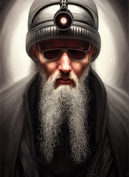 Image similar to portrait of a cyberpunk orthodox priest, grim - lighting, high - contrast, intricate, elegant, highly detailed, centered, digital painting, artstation, concept art, smooth, sharp focus, illustration, artgerm, tomasz alen kopera, peter mohrbacher, donato giancola, joseph christian leyendecker, wlop, boris vallejo