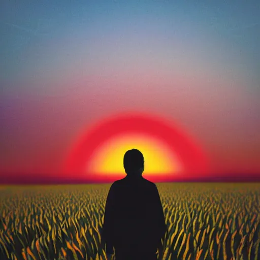 Prompt: view of the horizon of a japanese crop field, sun setting, sky is dark deep red, hazy vignette, silhouette of a man walking down the middle of the field towards viewer, few colors digital art
