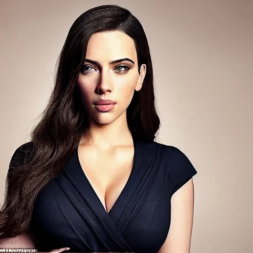 Image similar to a woman who is a genetic combination of kim kardashian and kat dennings and scarlett johansson and margot robbie and emma watson, face and upper - body focus, detailed eyes