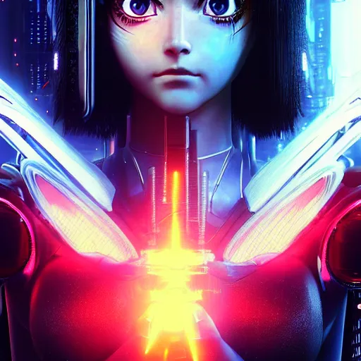 Prompt: anime cyberpunk movie still alita battle angel, beautiful full body female android cyborg - angel, glowing red left eye and glowing blue right eye, cinematic lighting, advanced digital cyberpunk art, wlop, rossdraws sakimimichan, ilya kuvshinov, krenz cushart, greg rutkowski - c 1 0