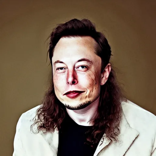 Prompt: A portrait photo of Elon Musk but he is an old hippie