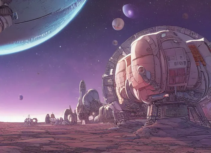 Image similar to close up view of a bustling space port on an alien planet by jeff darrow and moebius, earth and pastel colors, dramatic perspective, detailed, realistic, masterpiece, 4 k, 8 k