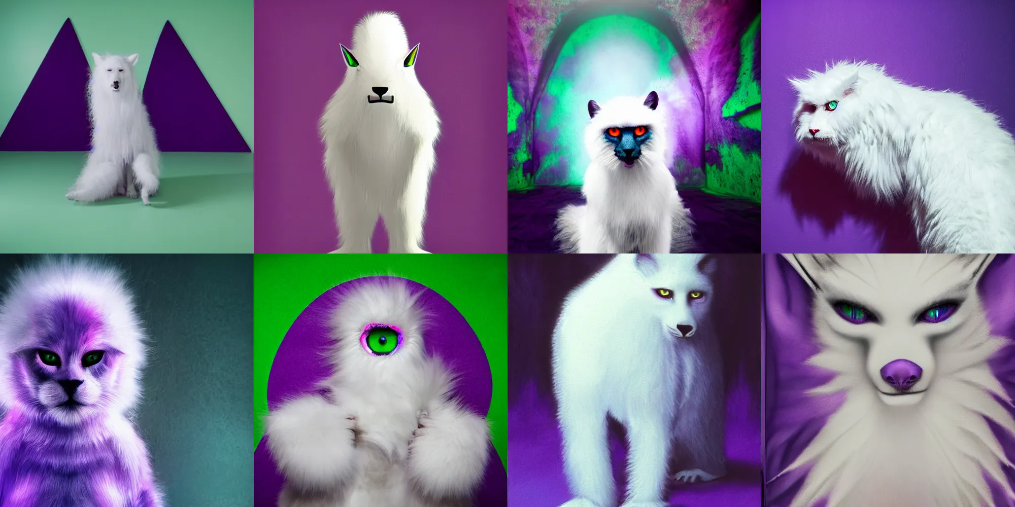 Prompt: white fur monster, standing in purple room, with green eyes, radiosity color bleeding, dramatic lighting