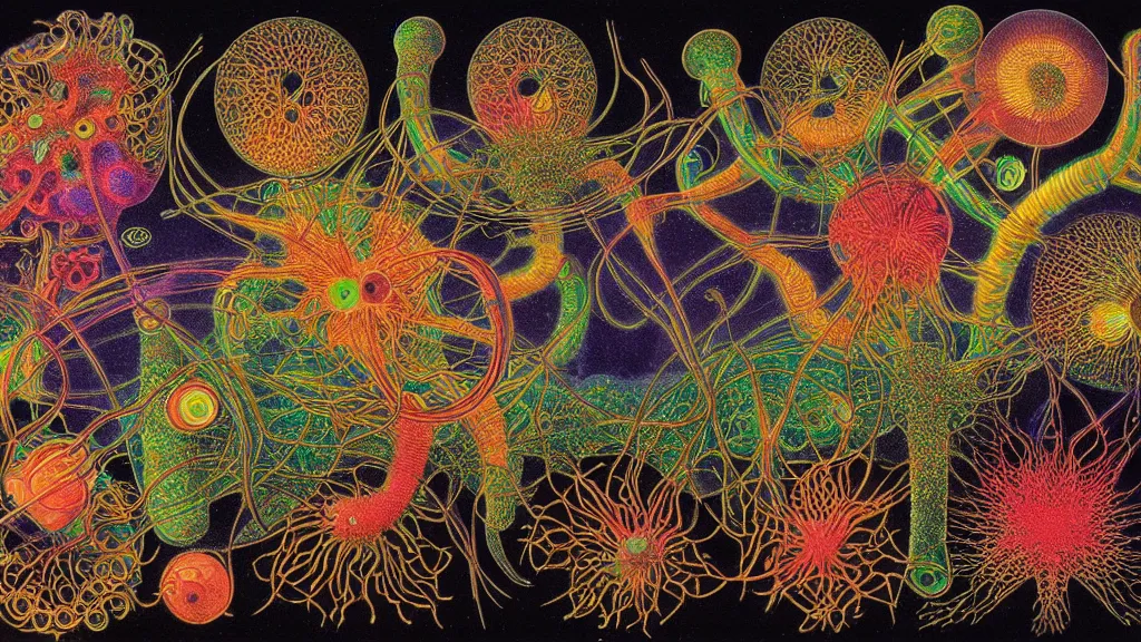 Prompt: quantum connections represented as symbiotic organisms like cells playing around with colorful lights by ernst haeckel, gas