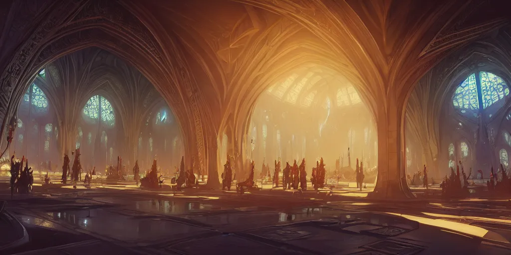 Image similar to cel shaded cinematic shot of the interior of a sci-fi space station with ornate Elven architecture bustling with people and flying cars, epic castle, gothic architecture, emerald, crystalline, detailed illustration, sharp focus, concept art, unreal engine, octane render, god rays