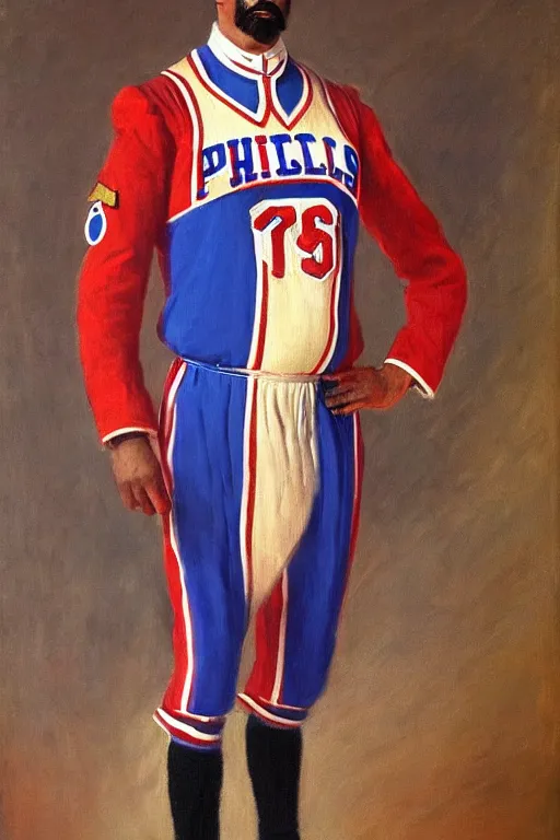 Prompt: full body portrait of the dictator of the philadelphia 7 6 ers, 1 8 8 9, in full military garb, oil on canvas by william sidney mount, trending on artstation